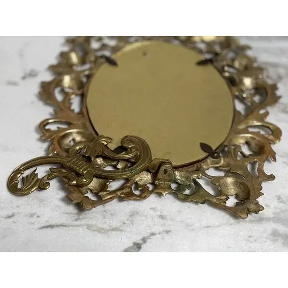 Antique Victorian Heavy Brass Art Nouveau Oval Self Standing Glass Mirror